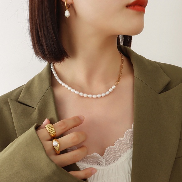 olamiie Jewelry - Fresh Water Natural Baroque Pearls 18K Real Gold Plated Paperclip Necklace